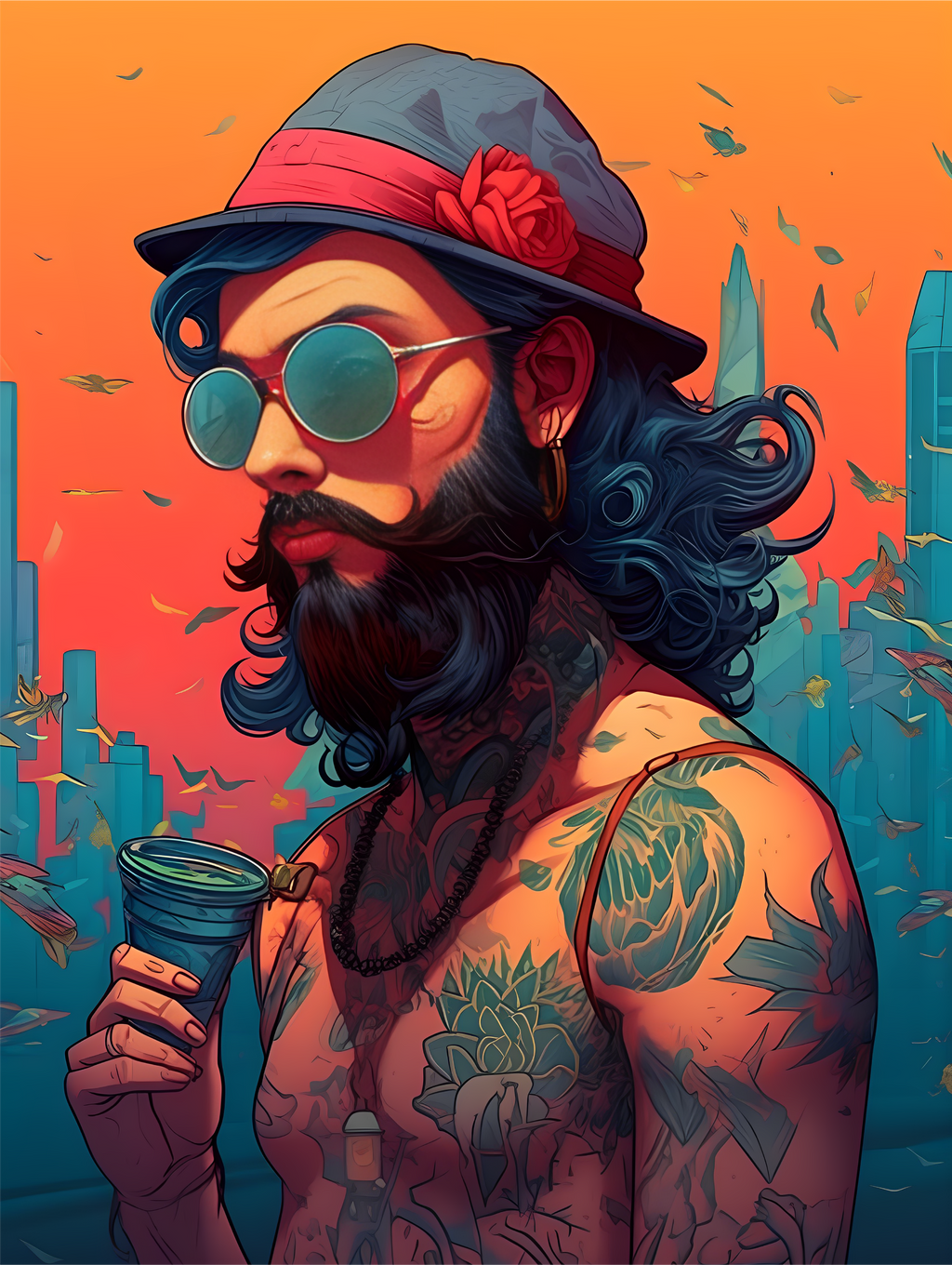 A boy in summer mode with sunglasses and full body tattoo