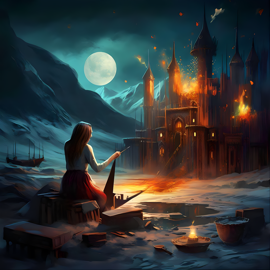 Night theme of poster with a woman and castle on the fire. 