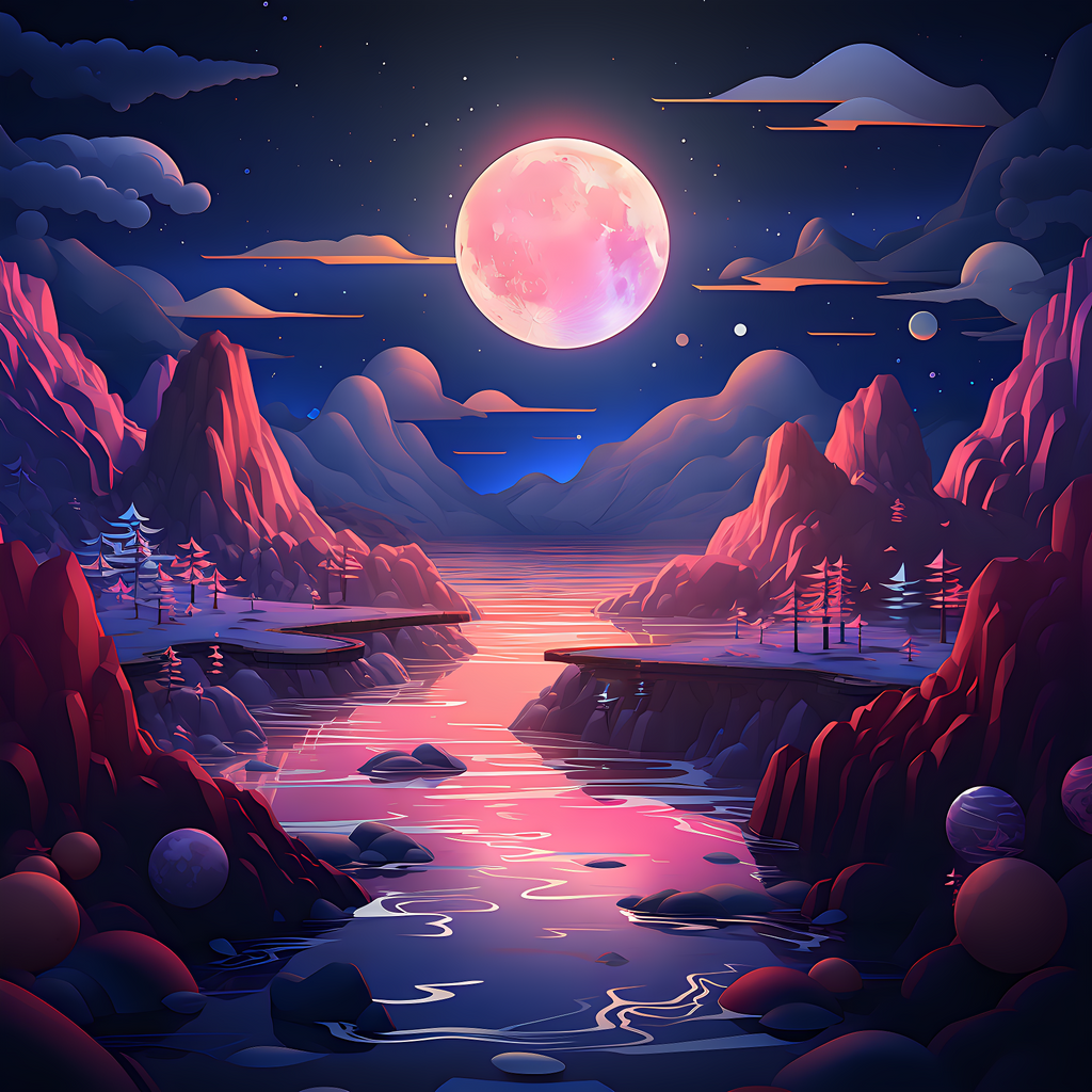 Poster of nature with big moon top of river with purple theme of nature.