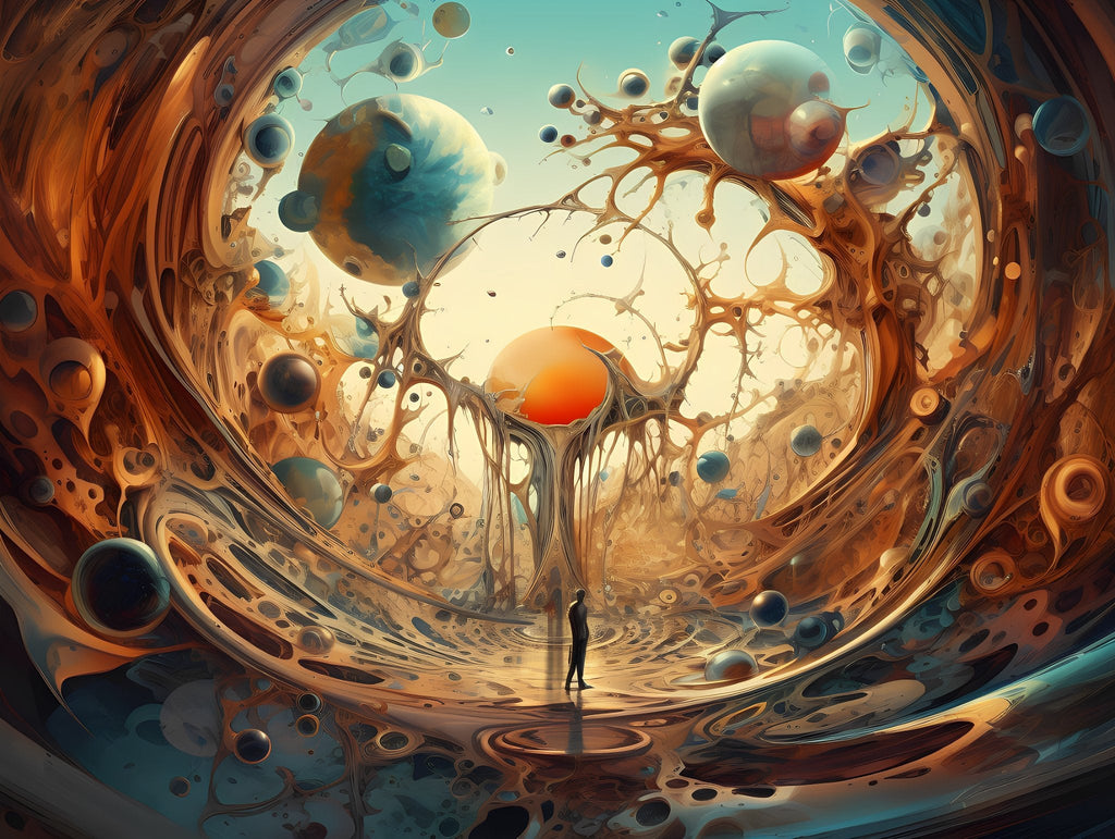 Poster of colors waves with some sphere and a man stand middle of colors waves. 