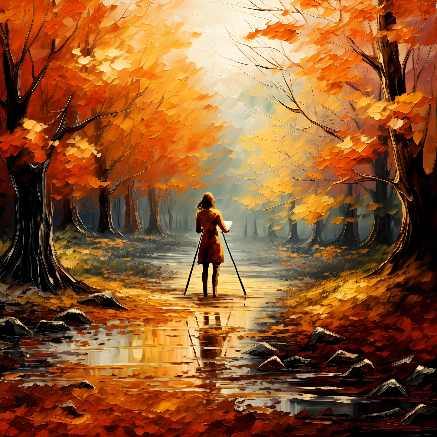 Artist in autumn season painting middle of jangle 