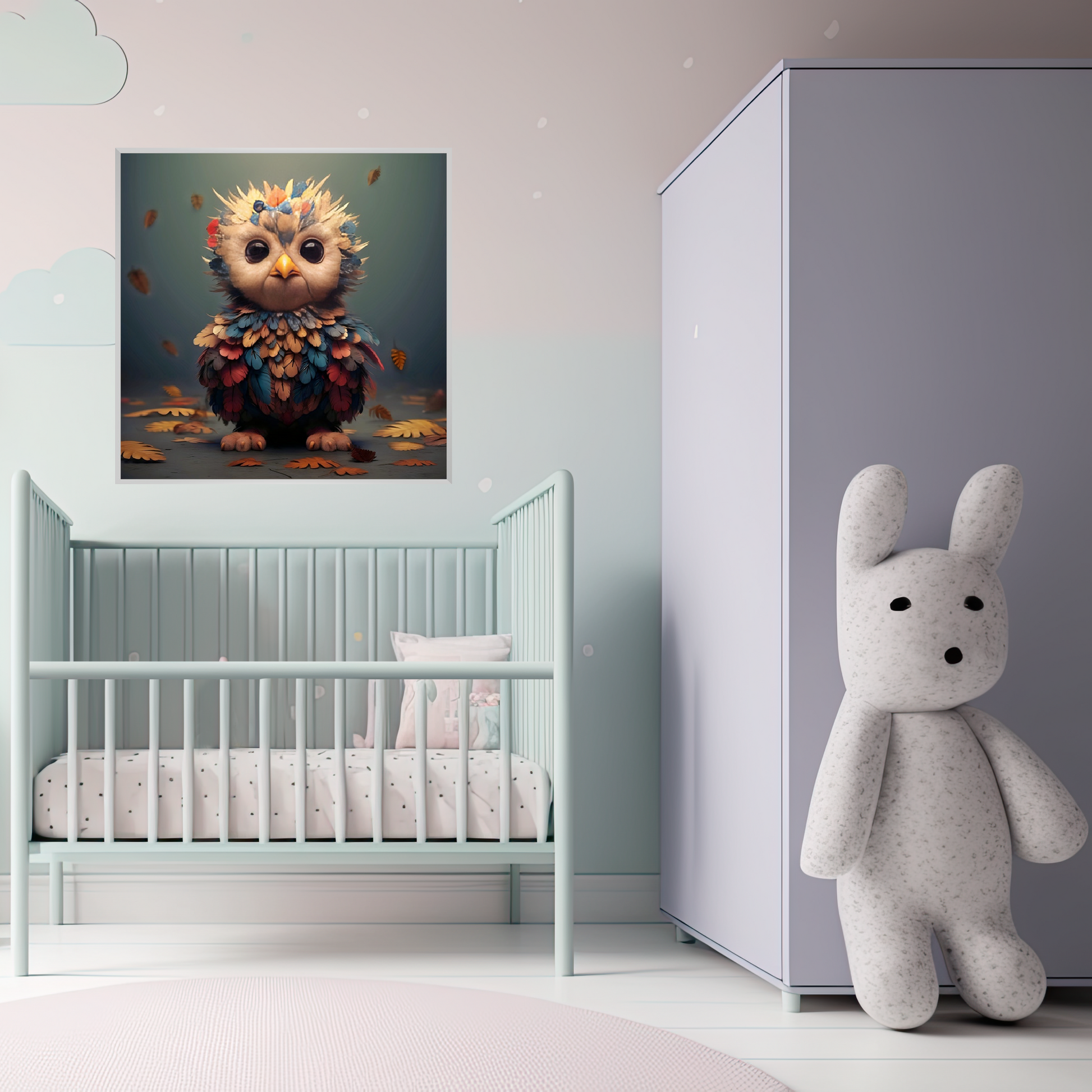 Artwork poster owl on the wall in baby room with big rabbit doll