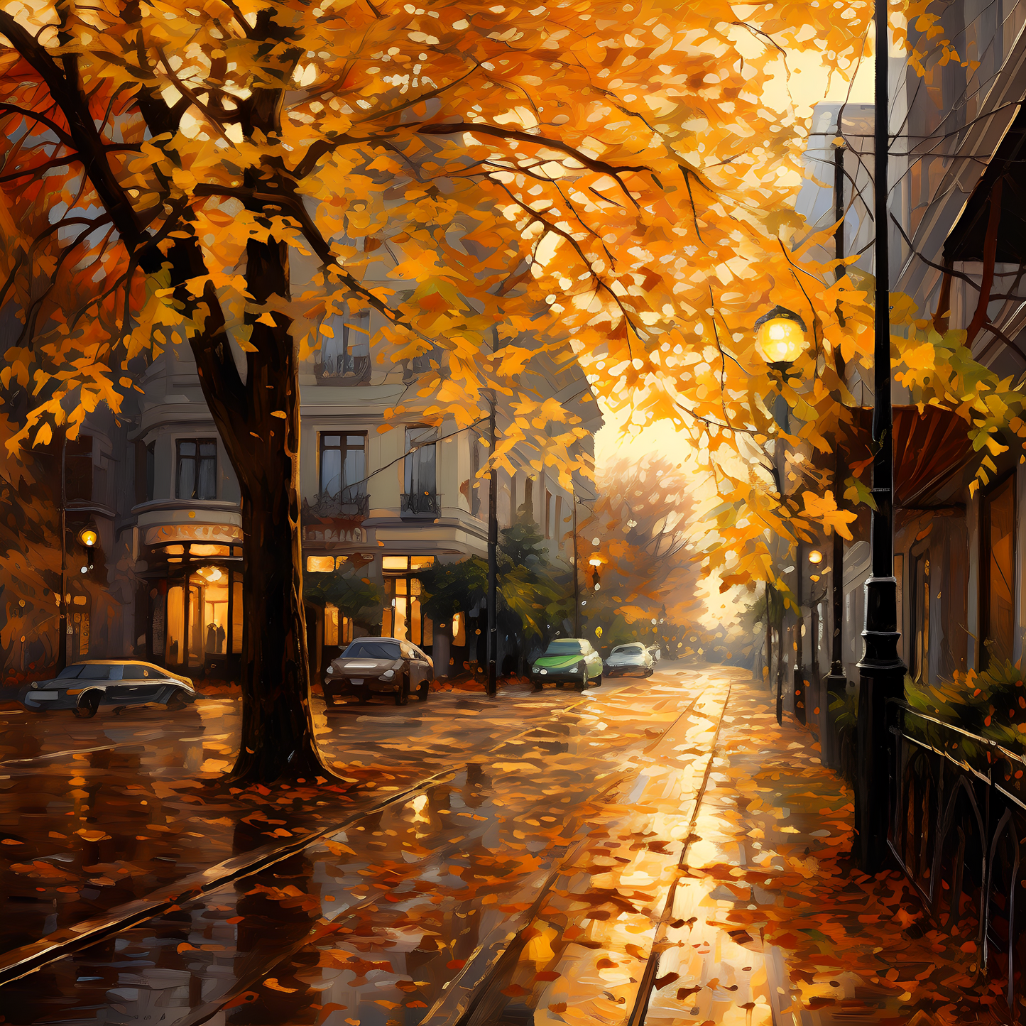 Autumn poster with street and rain