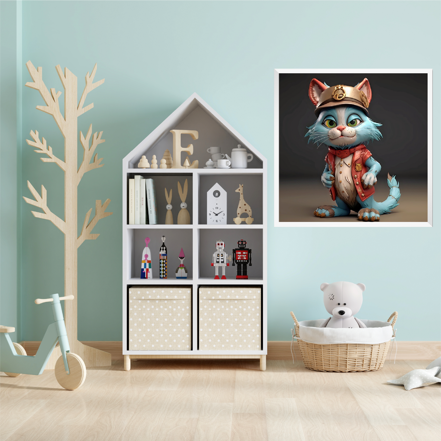 Baby room designed by green color.  Small shelf and closet with small dolls