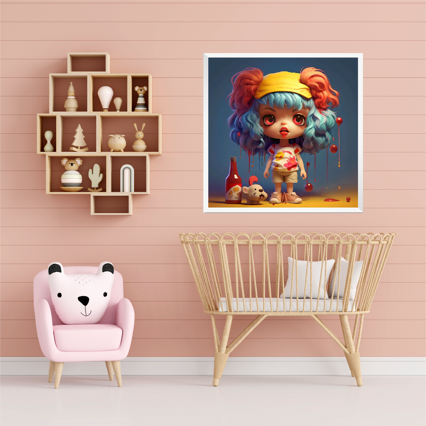 Baby room pink theme wall art poster girl with pink sofa chair