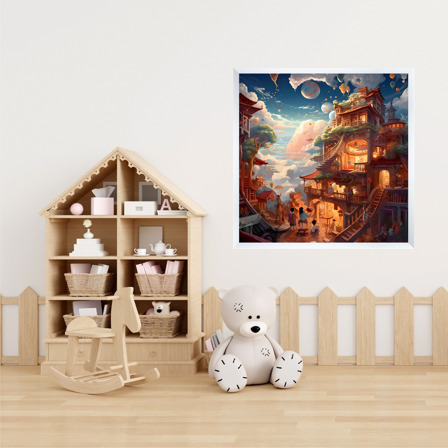 Baby room wood theme with wall art and dolls