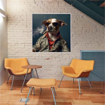 Cafe with yellow chair and wall art spy dog