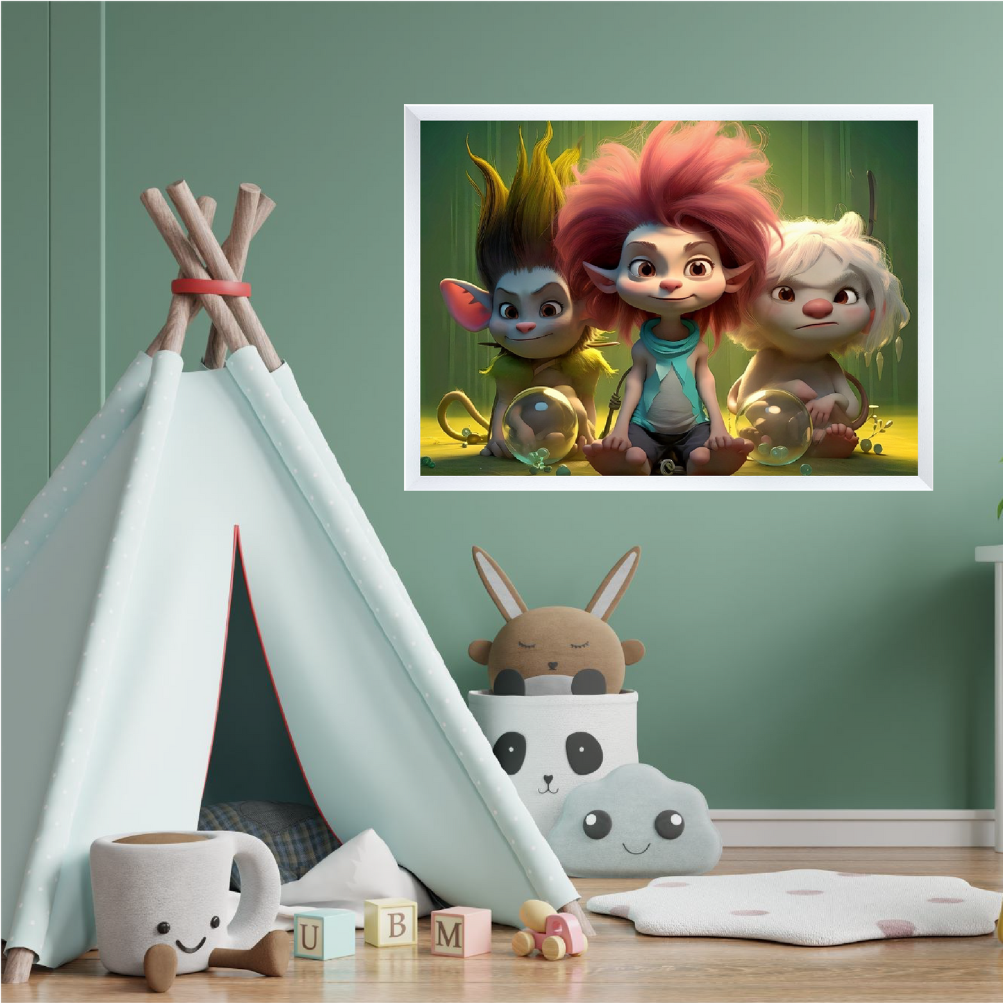 Green color design baby room with wall art and tent in room