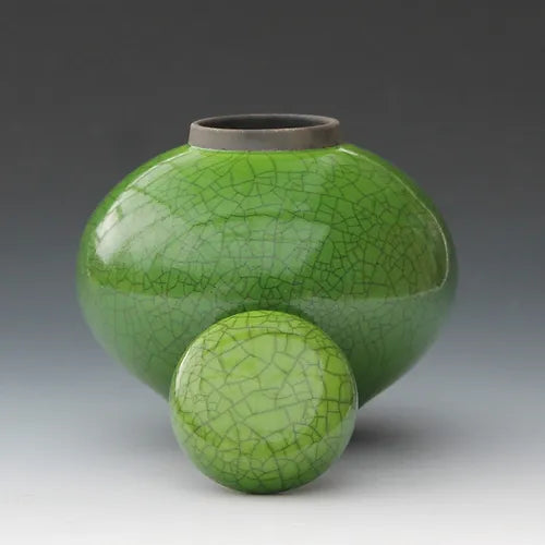 Imperial green raku lidded jar, side view