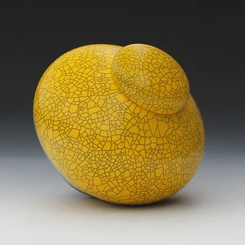 Imperial yellow raku lidded jar, side view