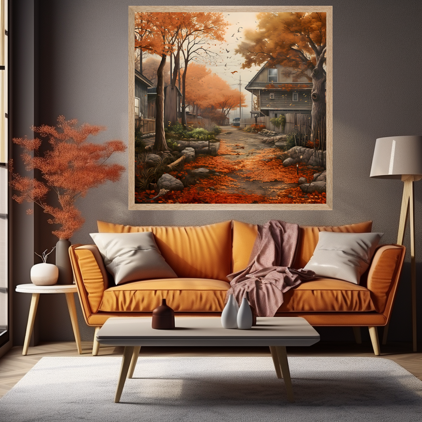 Living room orange sofa nature wall art