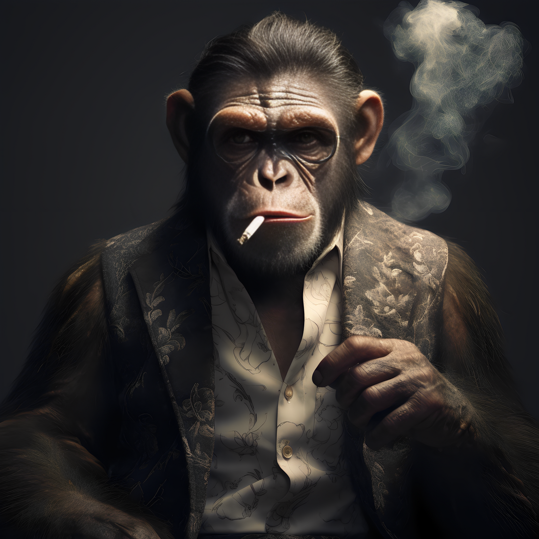 Monkey smoking portrait with serious face