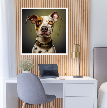 Office with wood design and dog portrait on the wall