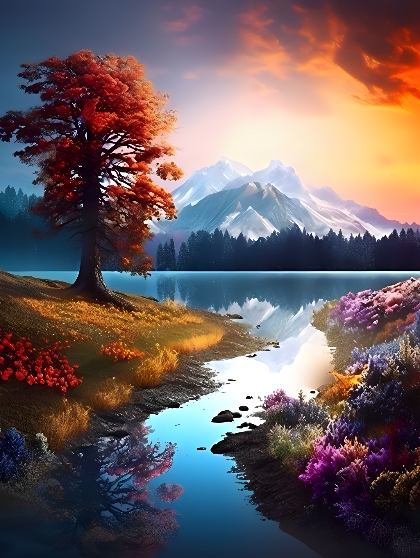 A poster of nature with orange color tree and river with mountain.