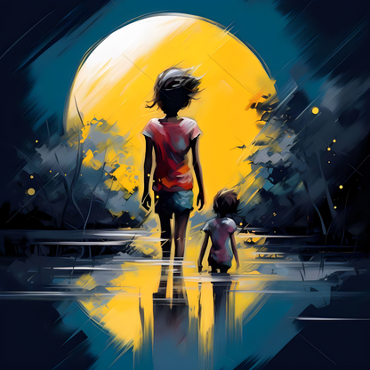 A poster of mother with her child walking inside water in front of big yellow moon at night.