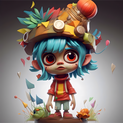 Poster of baby cartoon with light blue hair  and cute face and flower hat