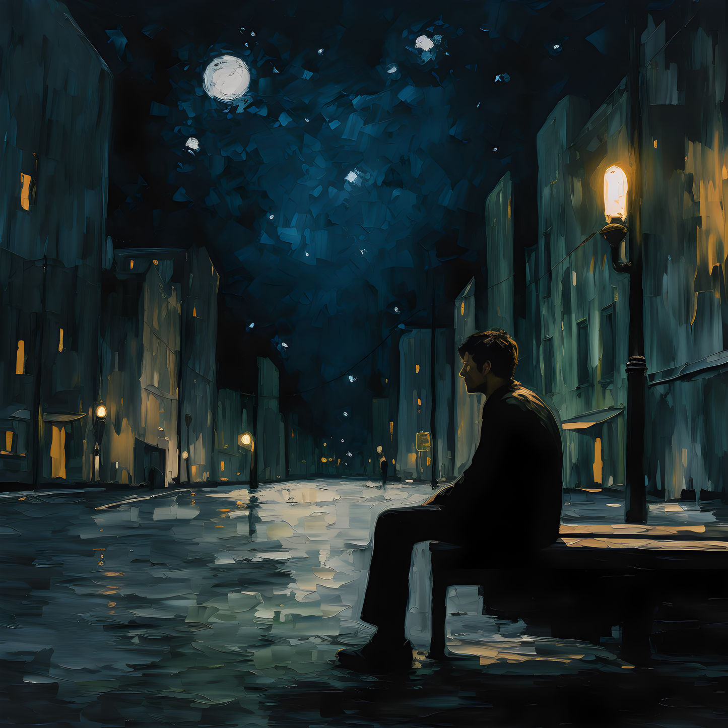 Poster of man sit on the street chair under moon light at night