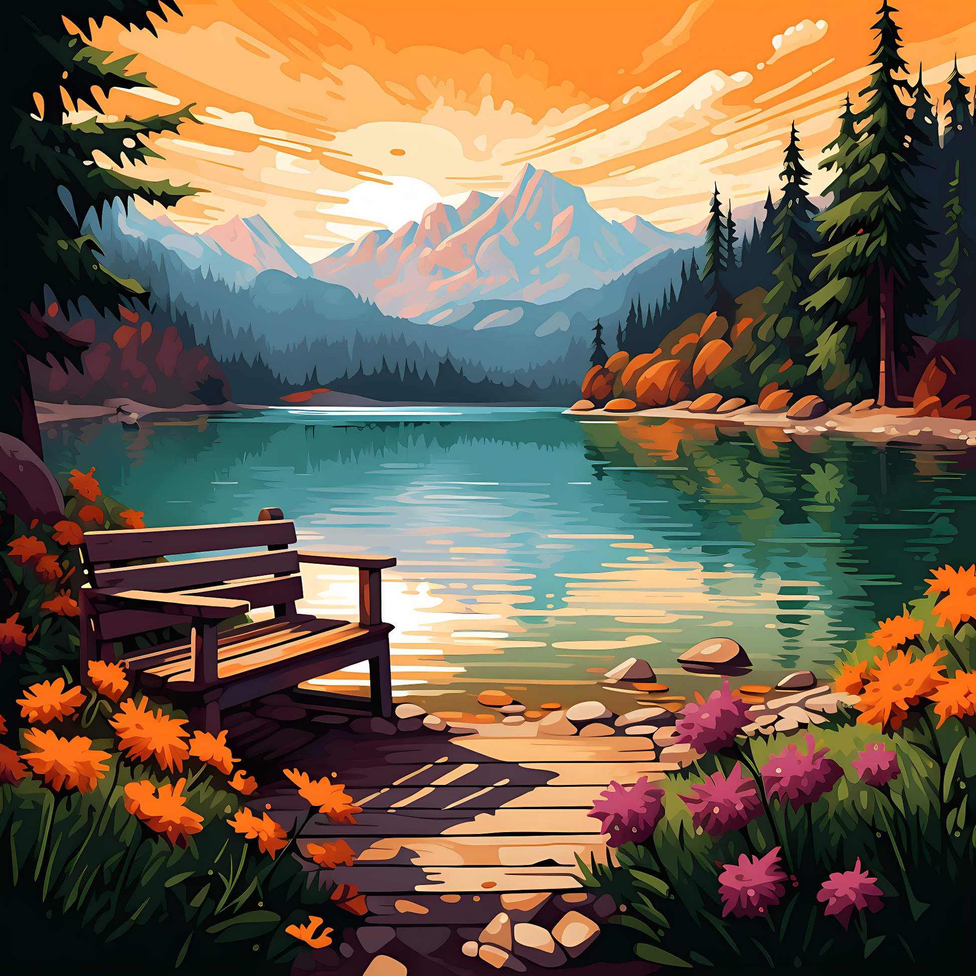 Poster nature close to lake cartoon colors