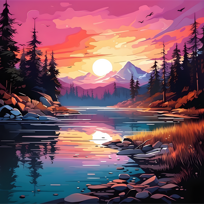 Poster nature lake tress sunrise 