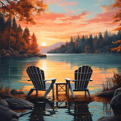 Poster nature sunset time near lake couple summer chairs