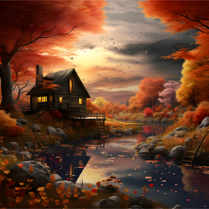 Poster of river and small cottage in autumn season