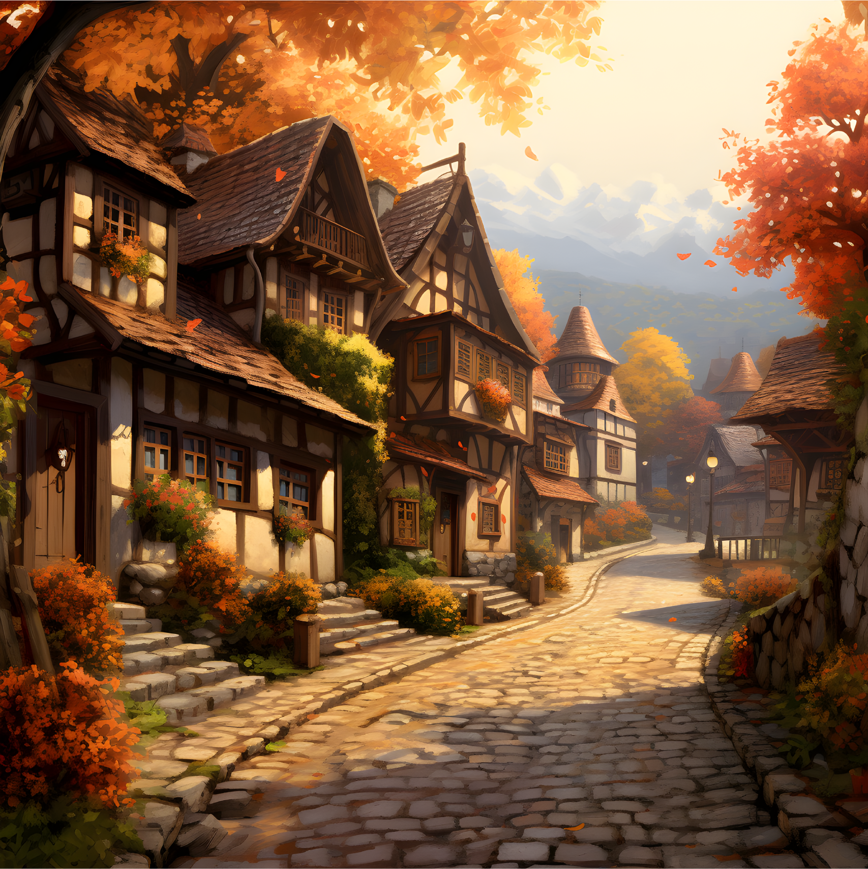 Poster of small village autumn season