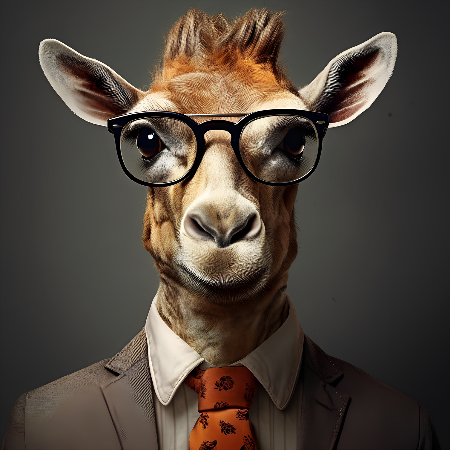 Stylish giraffe portrait poster with suit and glasses