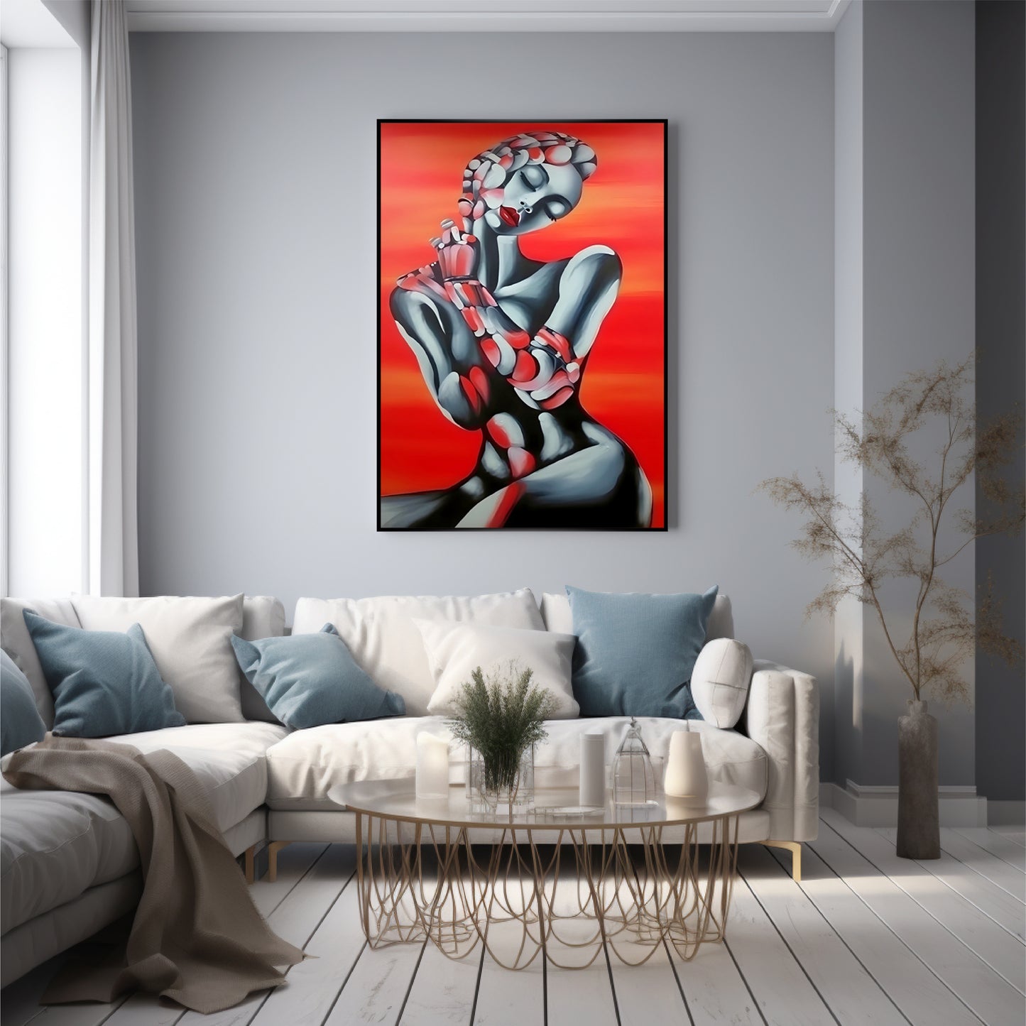 A wall art hang on the wall in living room with white sofa, the poster shows a portrait girl with red effect.