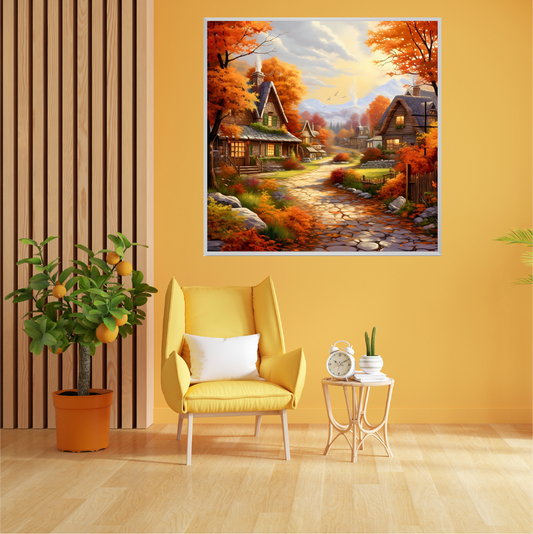 Yellow design room chair sofa and yellow wall art autumn  theme