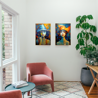 Two wall art on the wall of room with two pink sofa next to window.