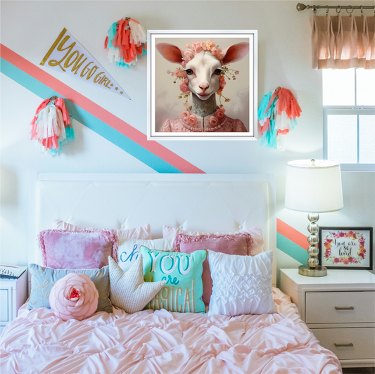 Bedroom pink color theme with art work poster from pink wear clothes goat