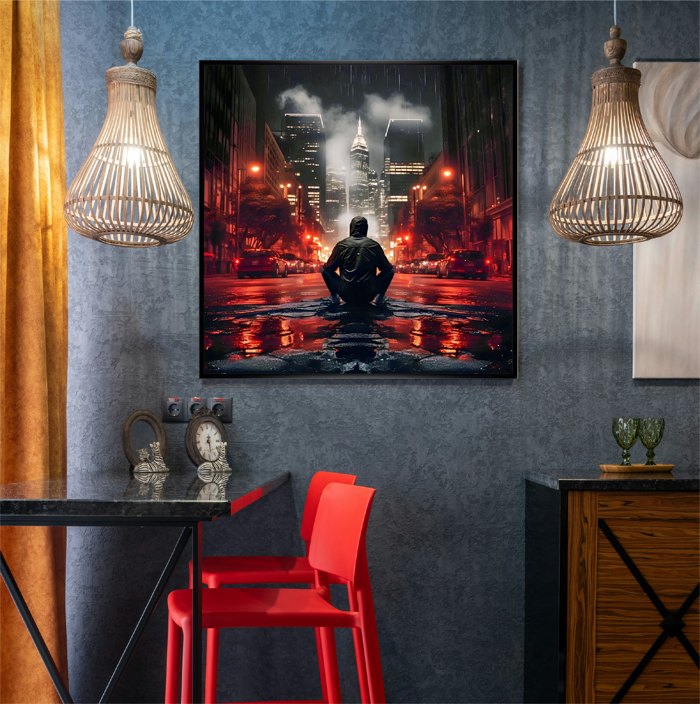 Cafe and fast food stylish lighter and red chair with a poster on the wall