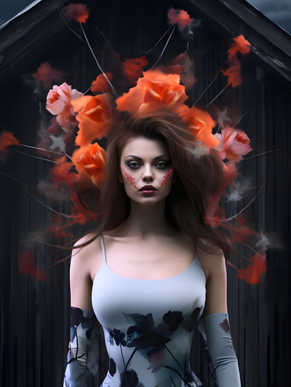 First poster: A girl stand and looking with black background and flowers on her head.