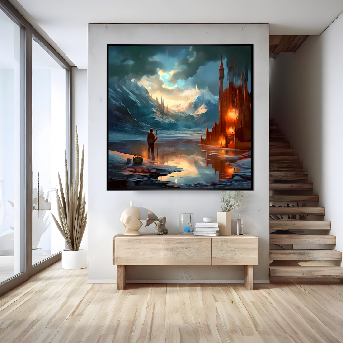 Hallway with a drawer and big square wall art, a artwork theme is night.