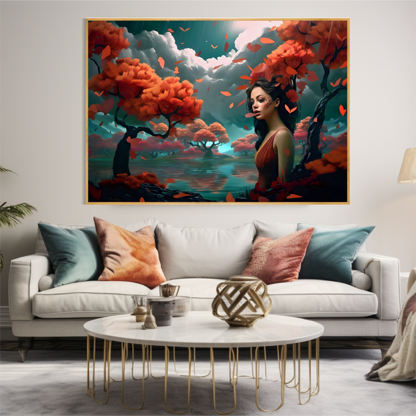 A poster of artwork with gold frame on the wall with white sofa with modern design.