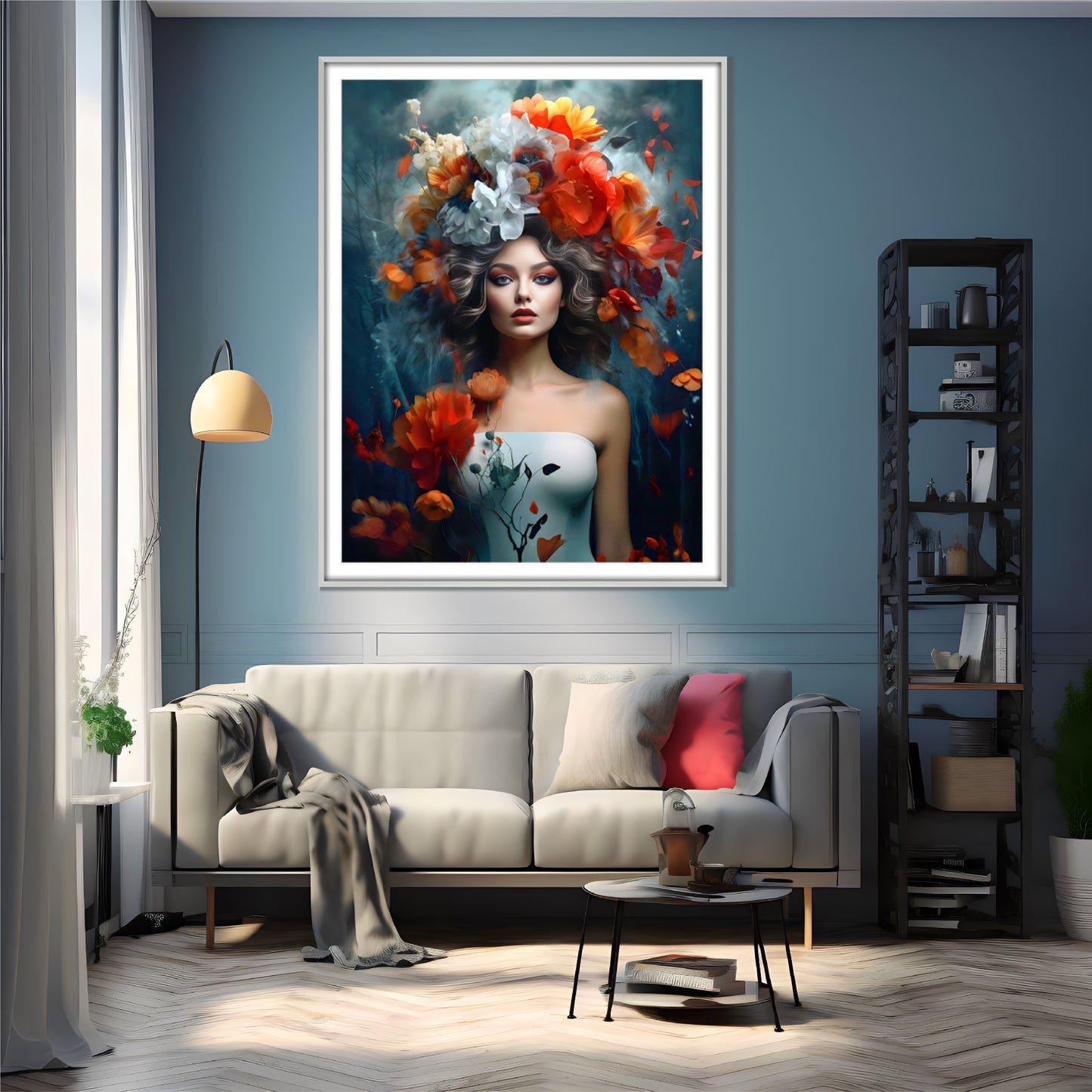 Living room with dark blue wall color and shelf next to the wall art with a girl poster with flower hat.