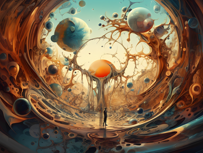 A poster with colors waves and some sphere in the air and a alone man stand middle of colors. 