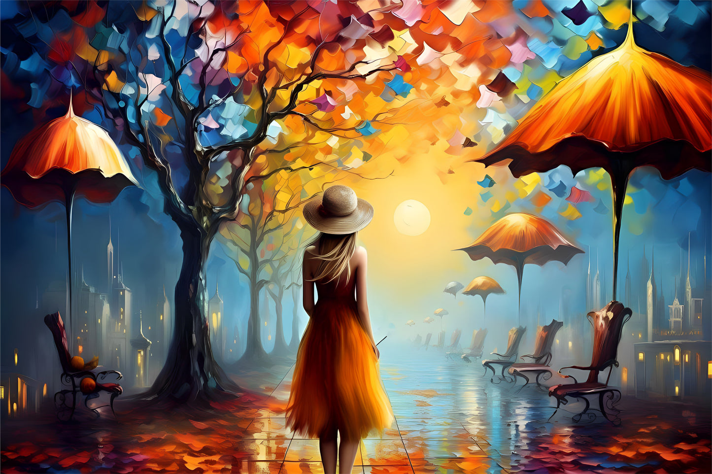 Poster of autumn with a girl wearing yellow dress and hat under colorful trees. 