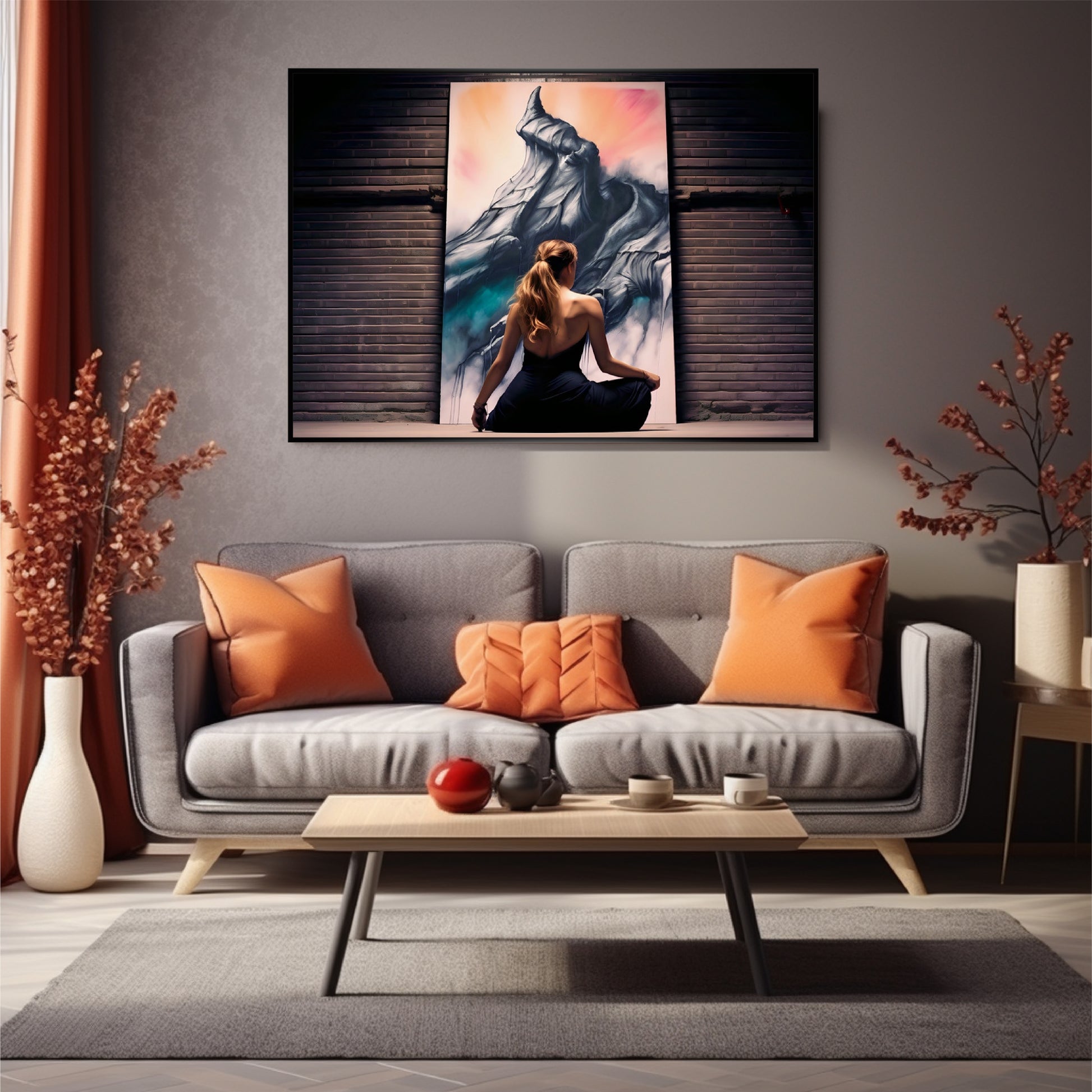 A girl siting and painting art work on the wall in sweet living room with cushions orange color.