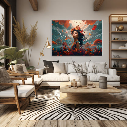 A poster of girl on the wall with silver frame and nature them of poster with modern design of living room.