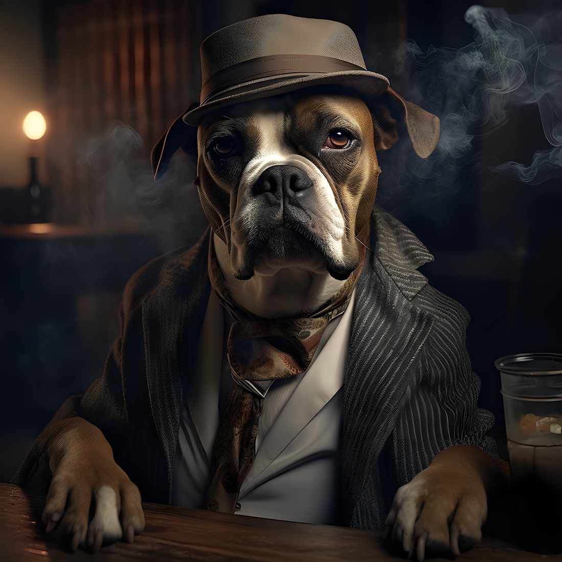 A poster of dog back on the table with classic hat and suit