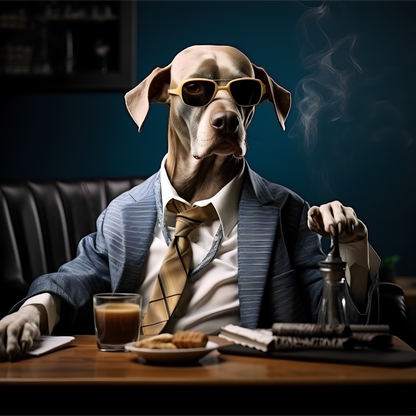 Dog poster with suit sunglasses in boss position