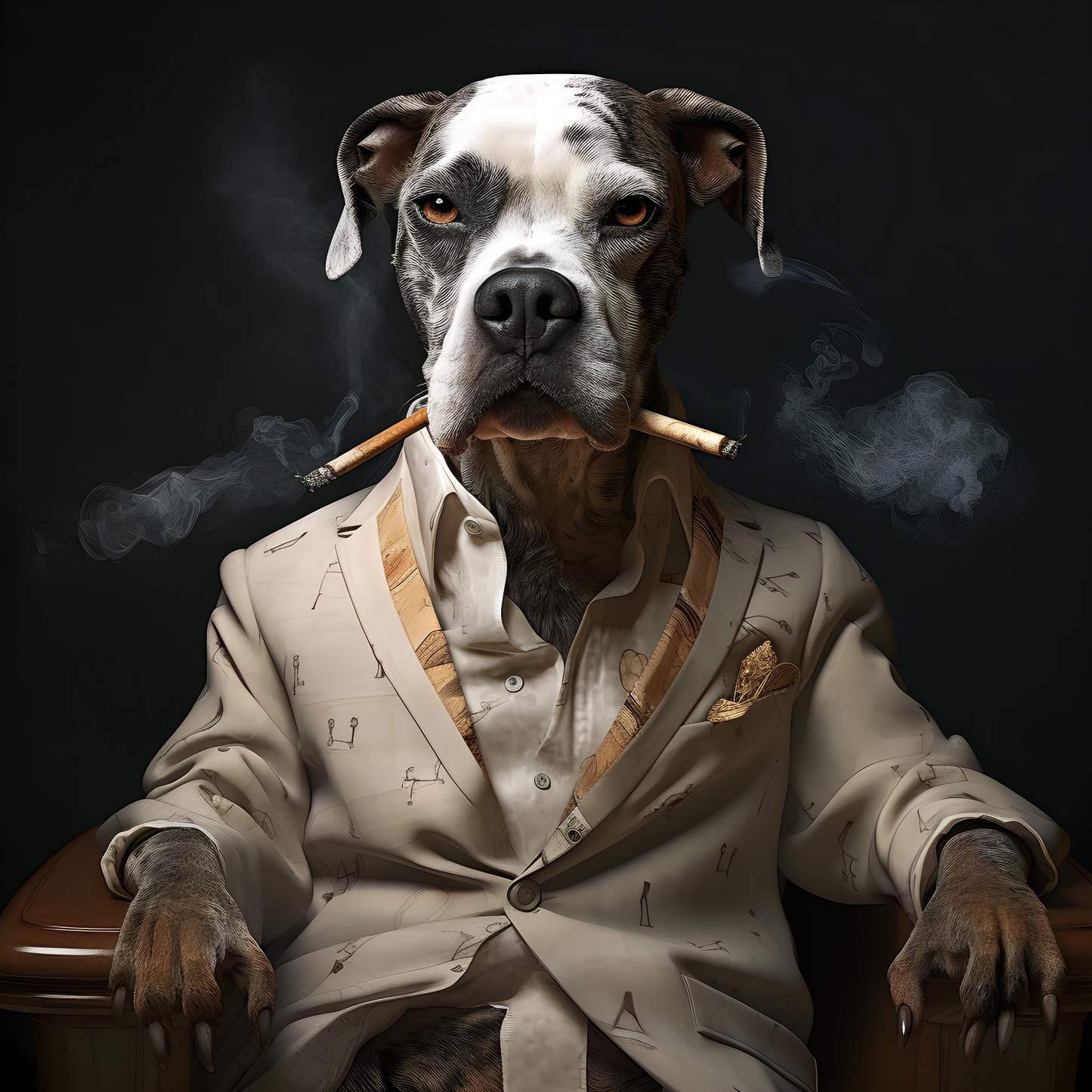 A poster of dog smoking double cigarettes with brown suit