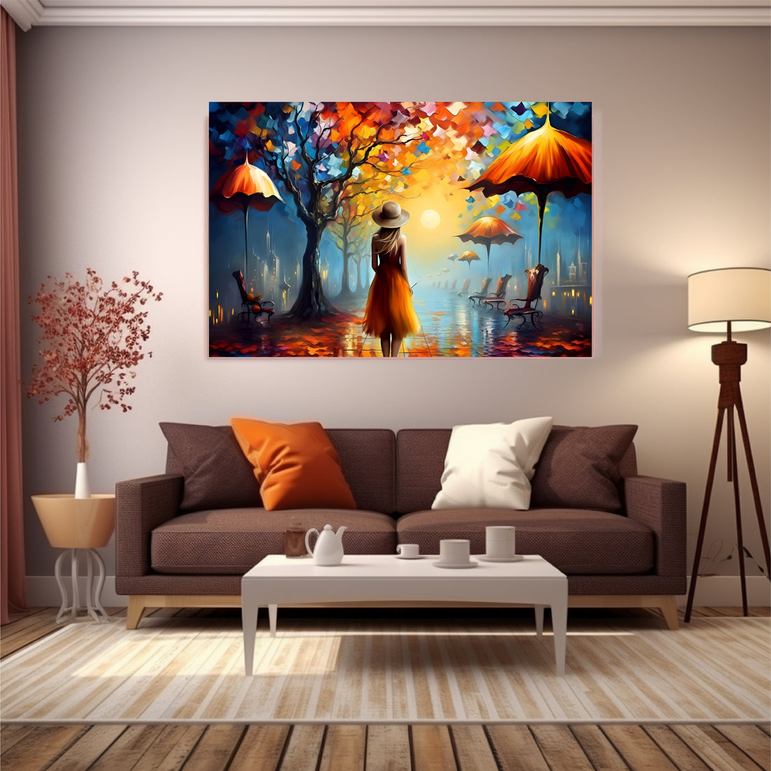 Living room with dark brown sofa and tea table with a artwork with autumn poster on the wall.