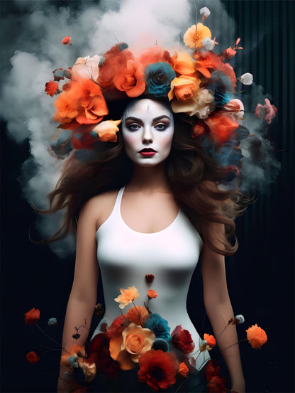 A girl poster of artwork with flowers as a hat on girl hat and white dress with black background.