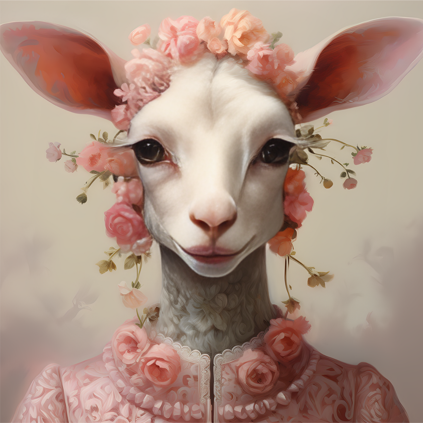 Goat poster with flower and pink clothes