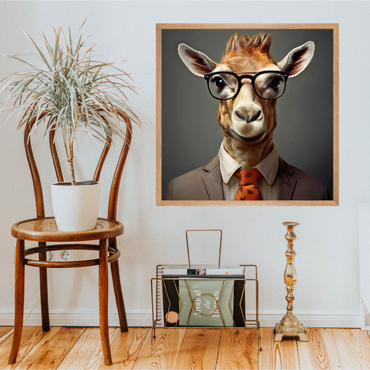 Hall with chair and wall art of giraffe portrait 