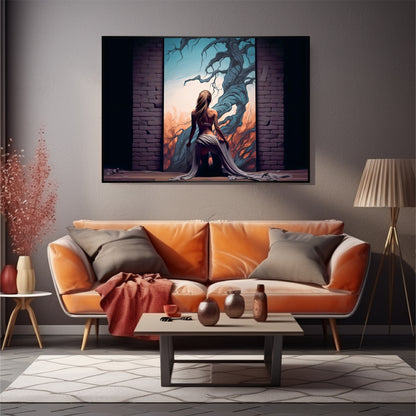 A girl painting poster wall art on the wall with orange sofa in living room.