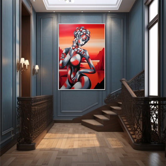 A wall art hang on the wall, the poster shows a node girl with red effect.