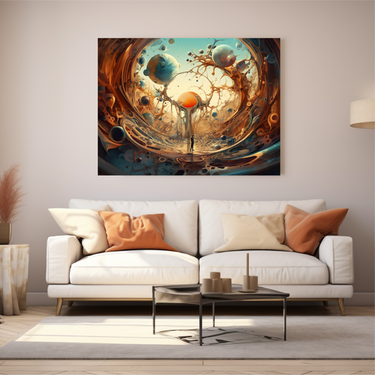 Living room with a with sofa and tea table and poster printed on canvas with colorful design.